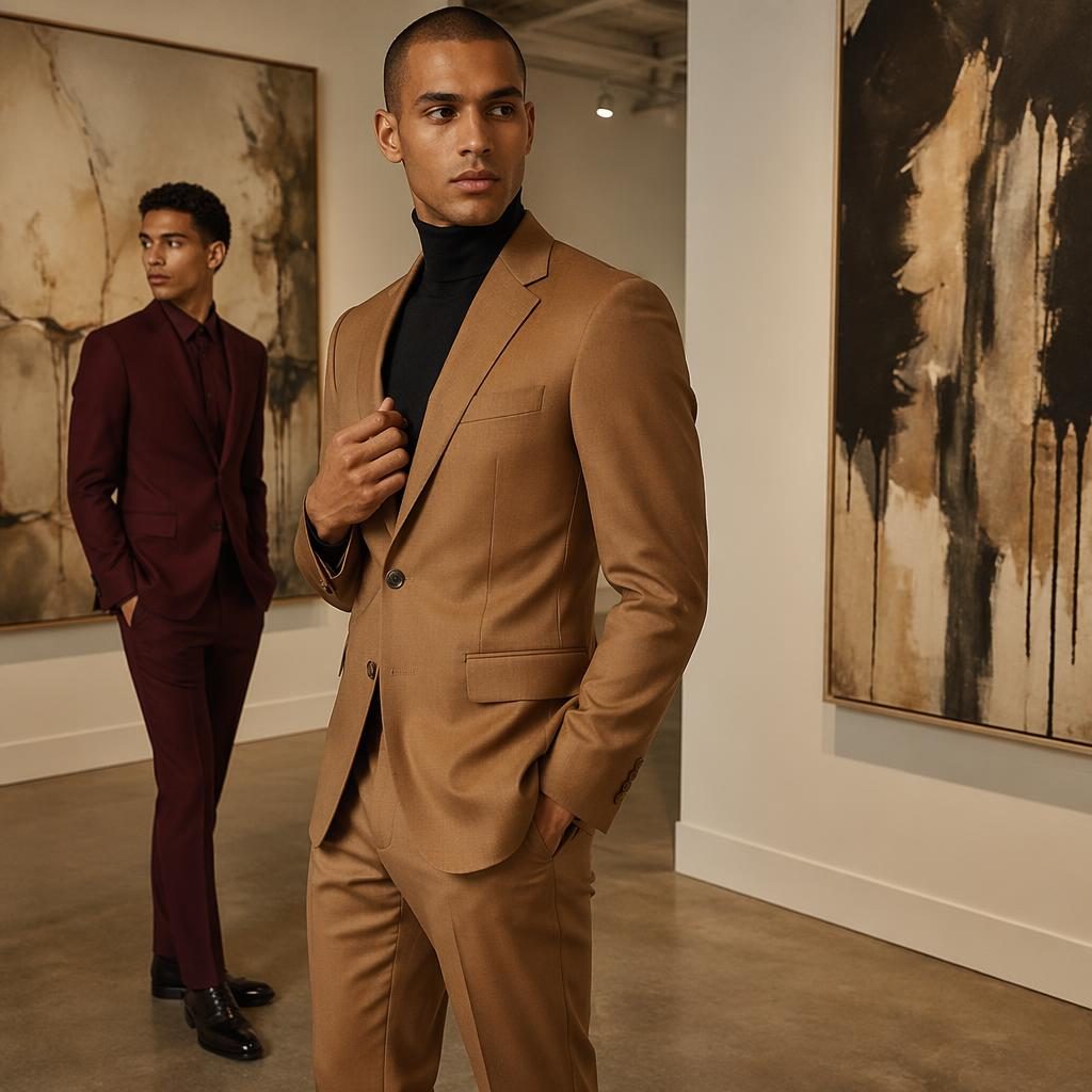 Editorial fashion model in a warm earth-tone EJ Samuel 2021 catalog lookbook outfit posed naturally in a quiet art gallery