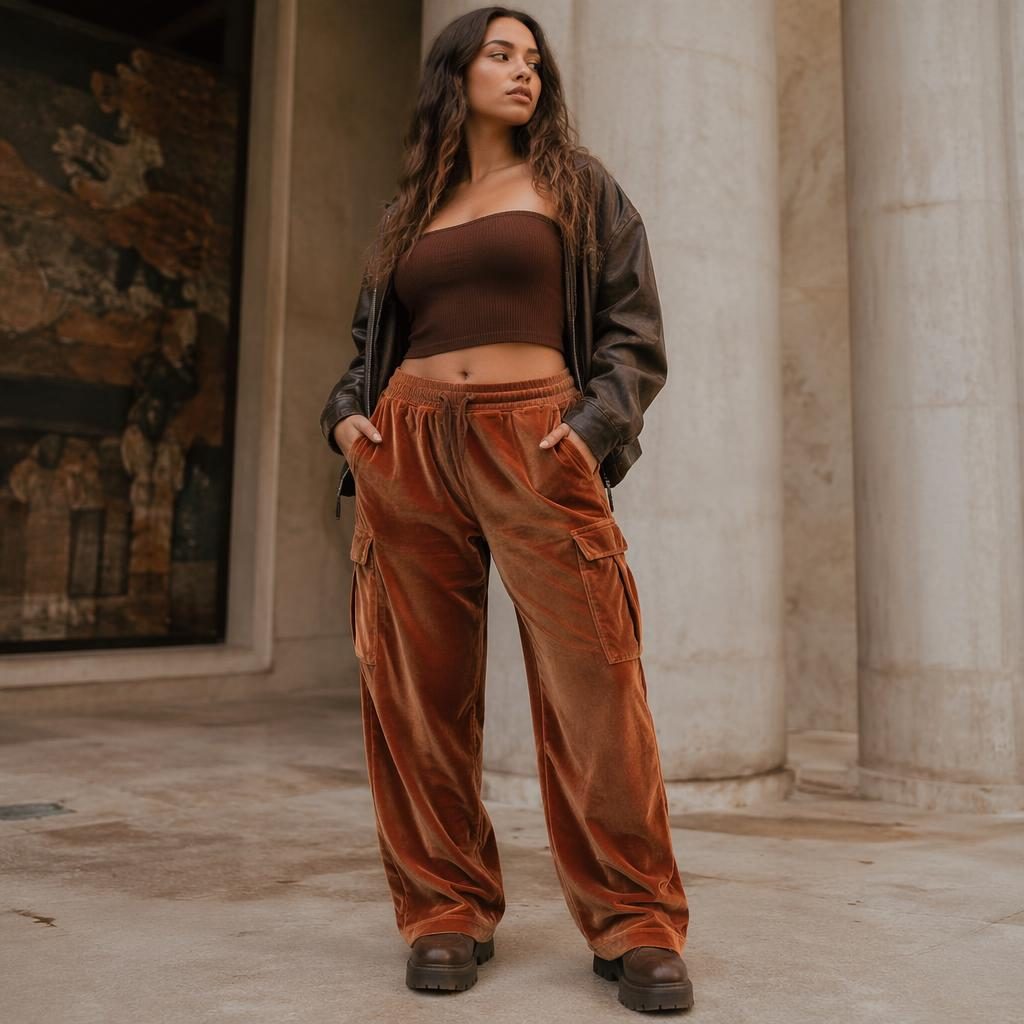 Model in sundance velvet cargo pants posing by a modern architectural building in soft autumn light