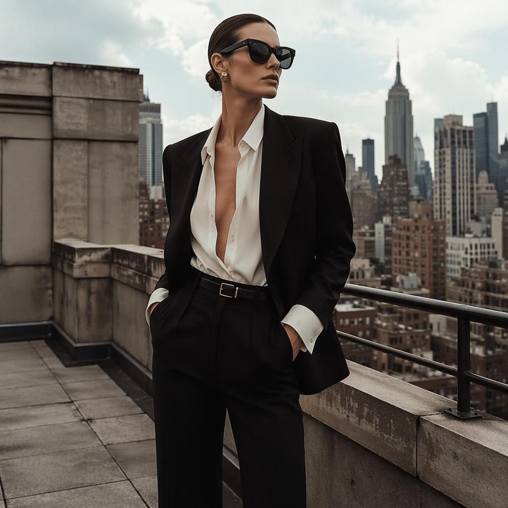 Modèle en lookbook mode sur un rooftop urbain, tenue inspirée helmut newton saint laurent, tons neutres et pose naturelle.