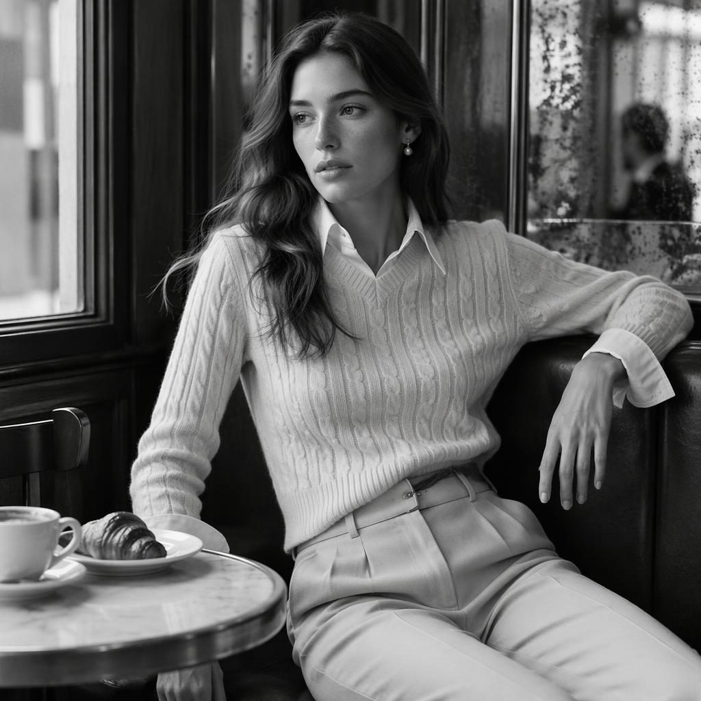 Black and white editorial fashion model in a vintage cafe wearing preppy luxury clothing in a quiet, intimate pose.