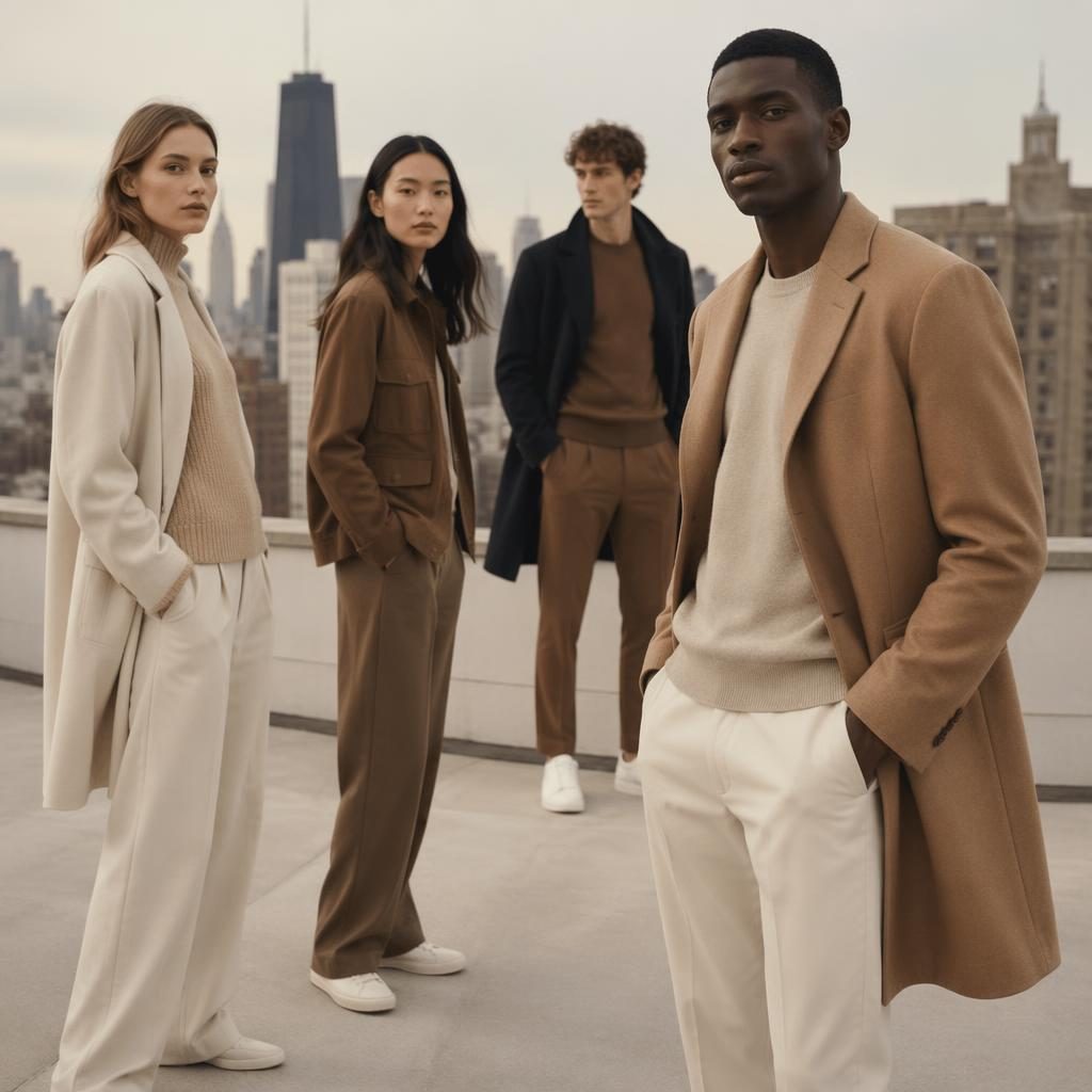 Editorial fashion model in a Marco Polo lookbook outfit on a rooftop city set, warm earth tones, confident runway pose