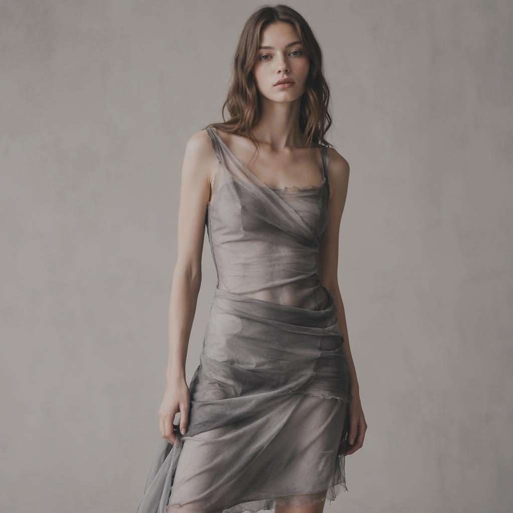 Editorial fashion lookbook image of a model in a Helmut Lang-inspired outfit in a neutral studio with soft gray lighting