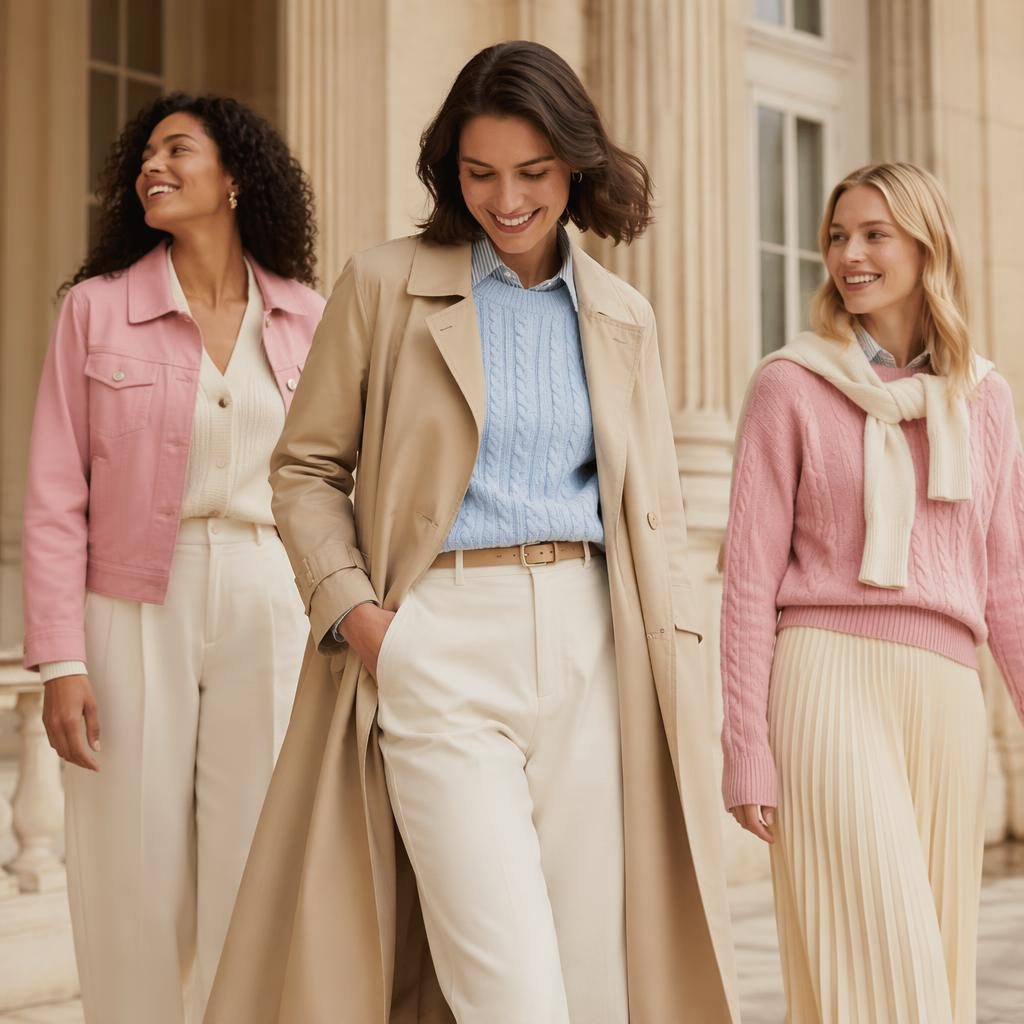 Modèle en tenue mode kiabi prix devant un bâtiment architectural, ambiance preppy old money, palette pastel romantique.