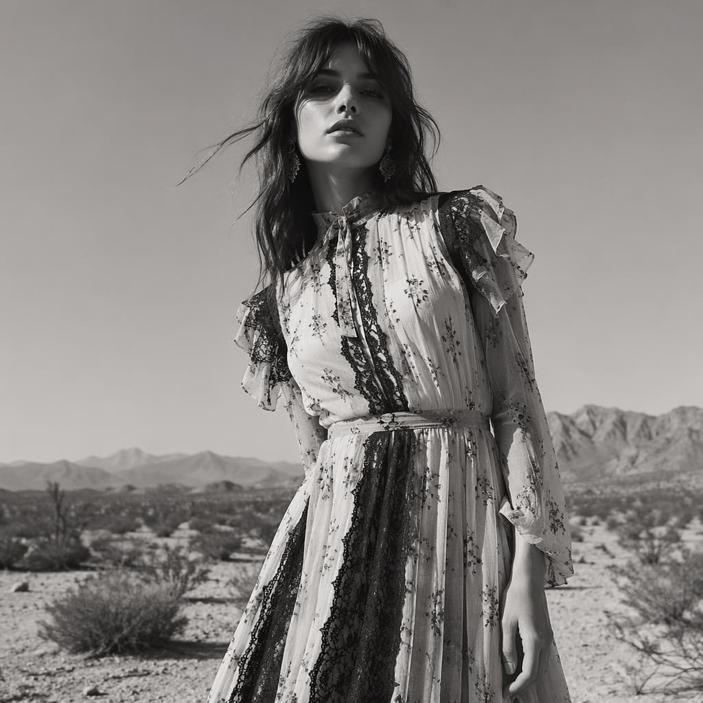 Editorial fashion model in a Rodarte-inspired lookbook outfit standing in a desert, black and white, soft dreamy light