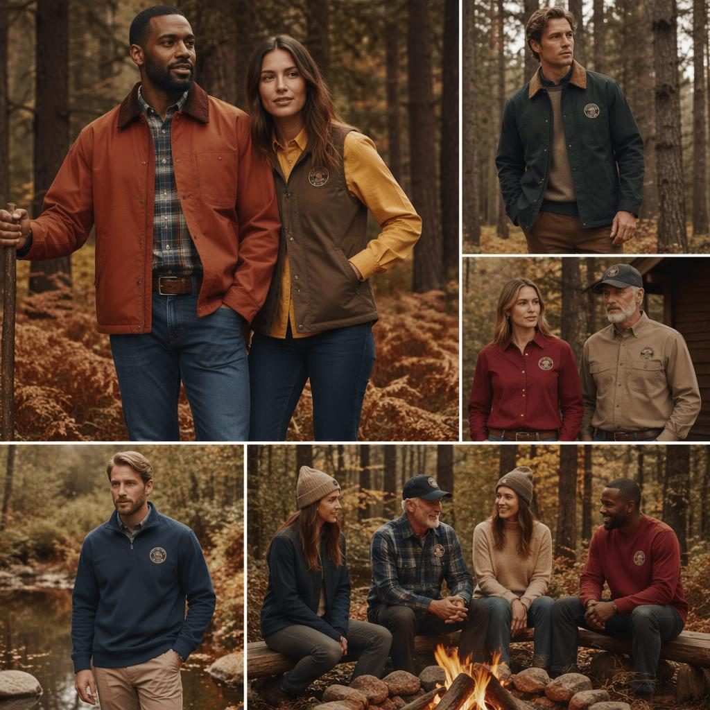 Model in vintage 70s-inspired autumn outfit posing in a forest for an american legion clothing catalog lookbook