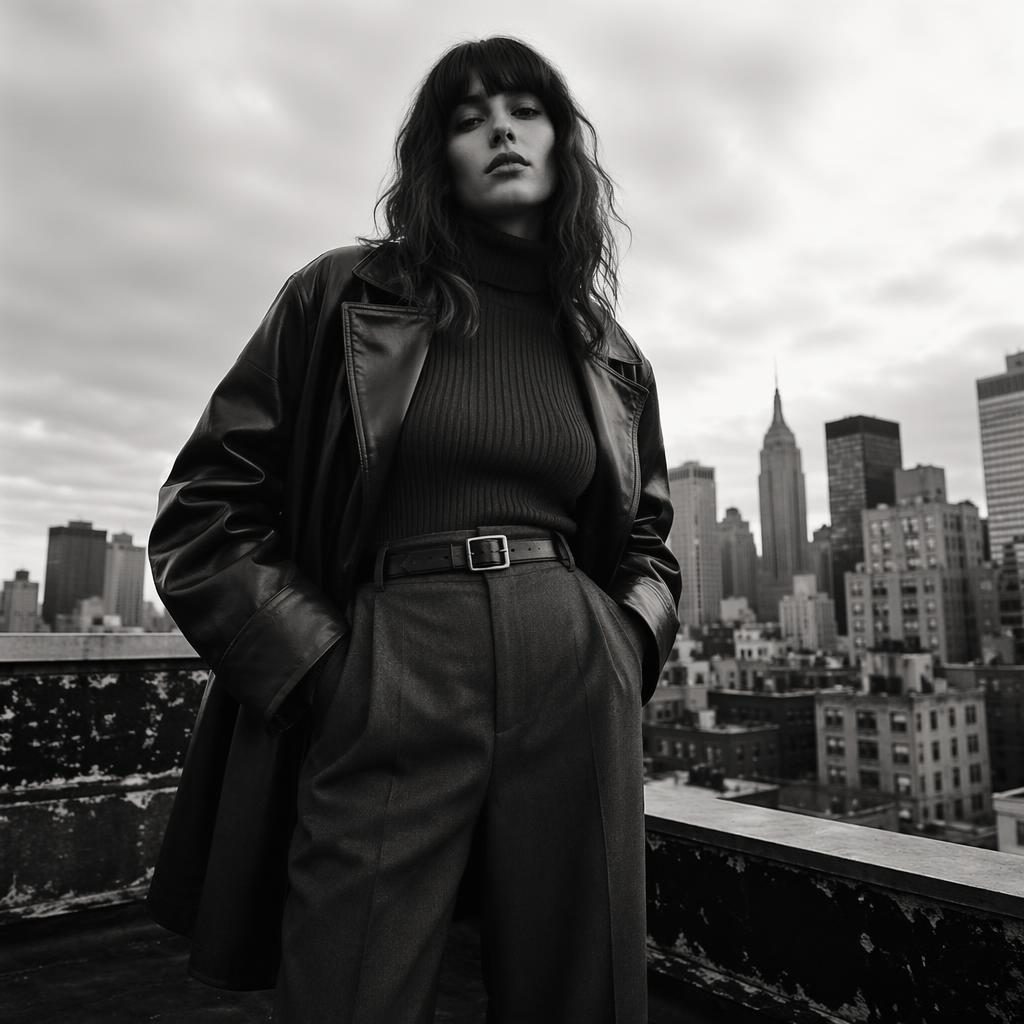 Black and white editorial fashion model on a city rooftop in a vintage 70s lookbook style with dark moody lighting.