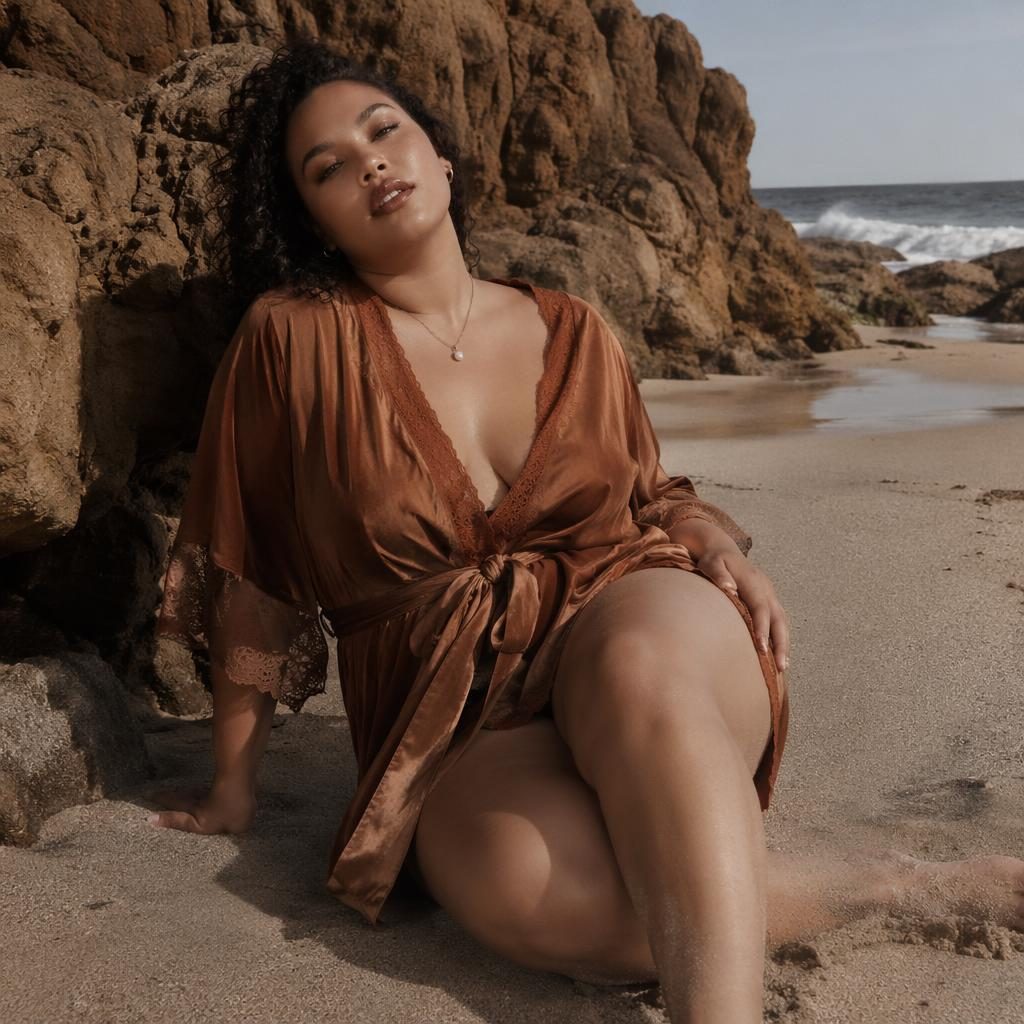Editorial fashion model on a beach in a warm earth-tone boudoir-inspired outfit, posed naturally with playful candid energy.
