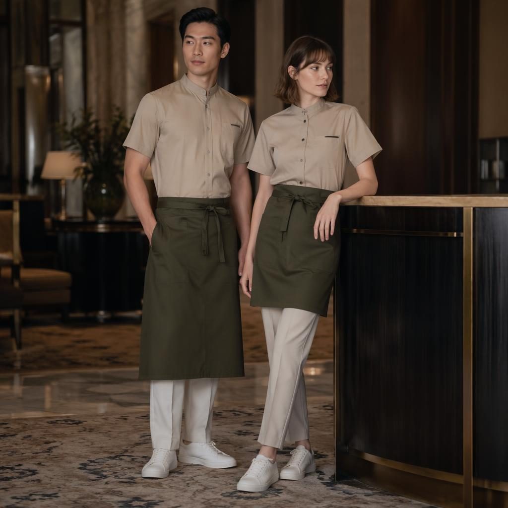 Model in a subway restaurant uniform catalog look standing naturally in a dark, moody luxury hotel lobby with muted neutrals