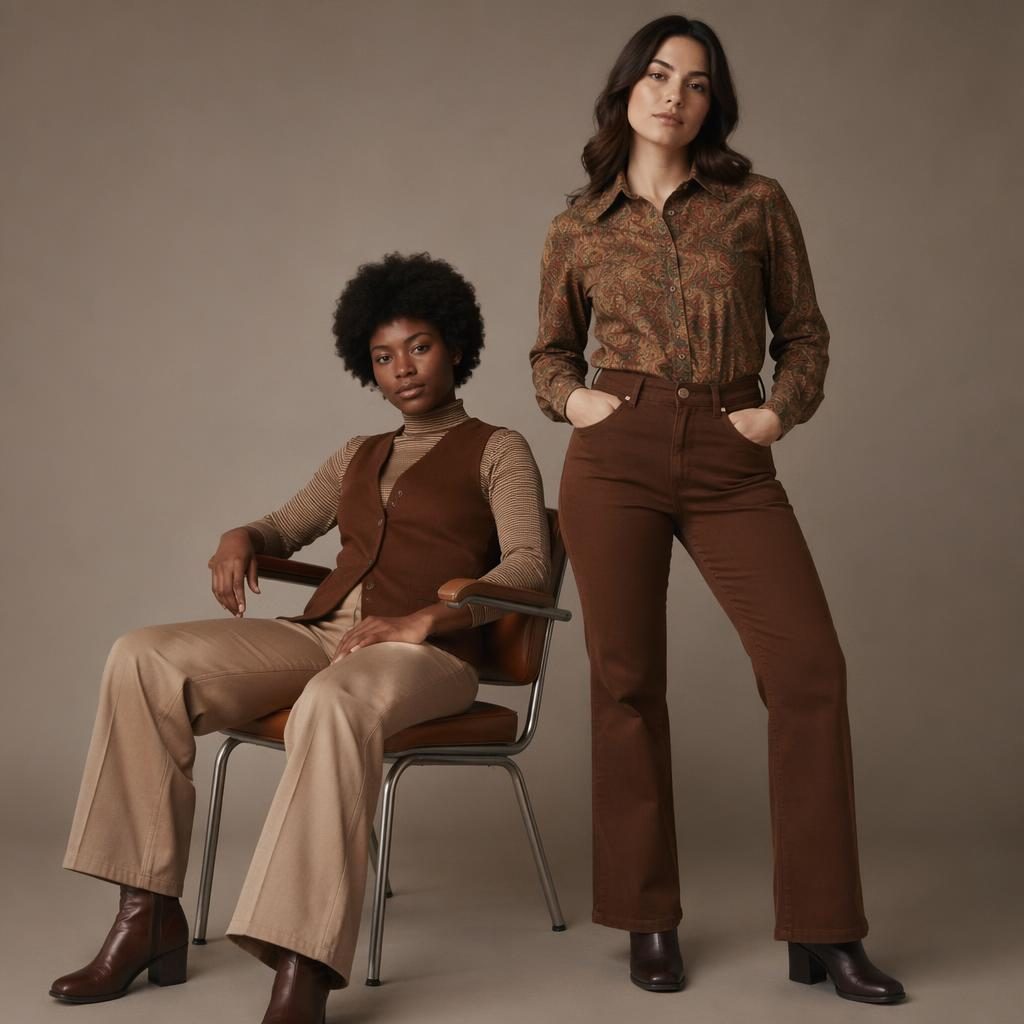 Editorial studio fashion lookbook with a generic model in late 1960s Sears-inspired clothing, warm earth tones, urban mood.