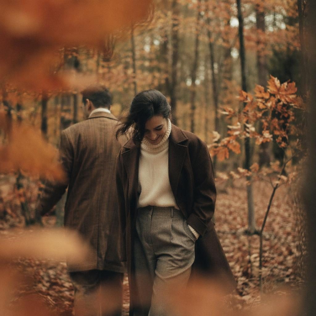 Editorial fashion model in a preppy old money outfit standing candidly in an autumn forest with rust-toned foliage