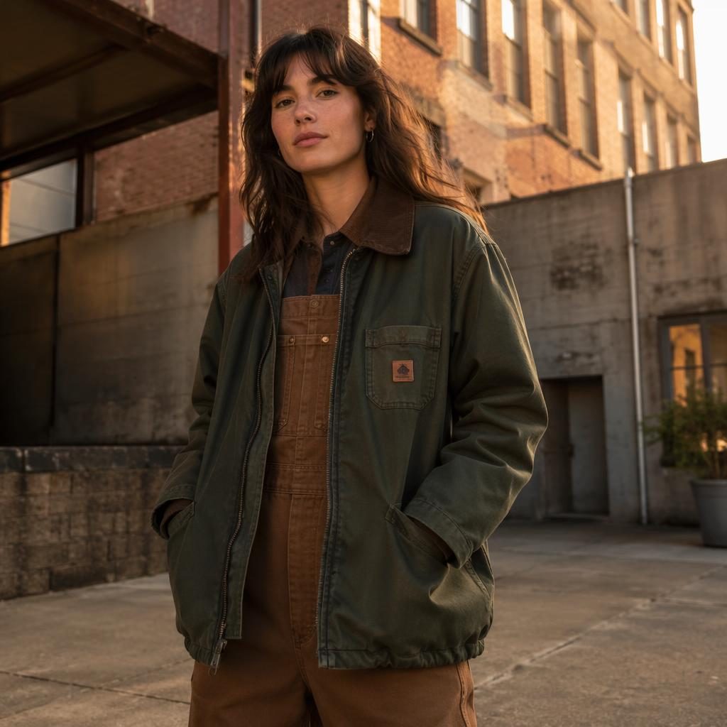 Editorial fashion model in a cottagecore-inspired fall outfit on an urban street at sunset, warm light, confident pose