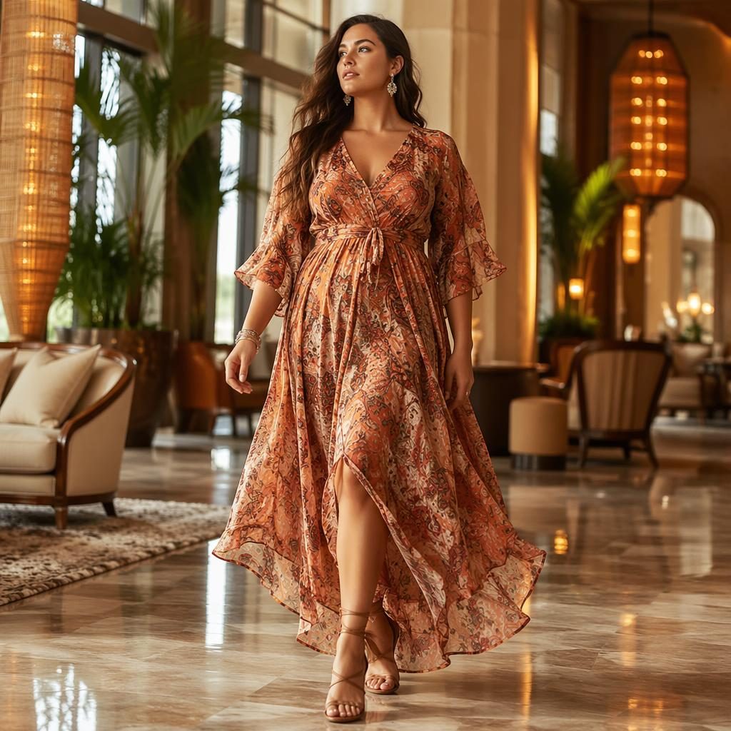 Editorial fashion model in a bohemian flowy outfit poses in a luxury hotel lobby with warm sunset lighting.