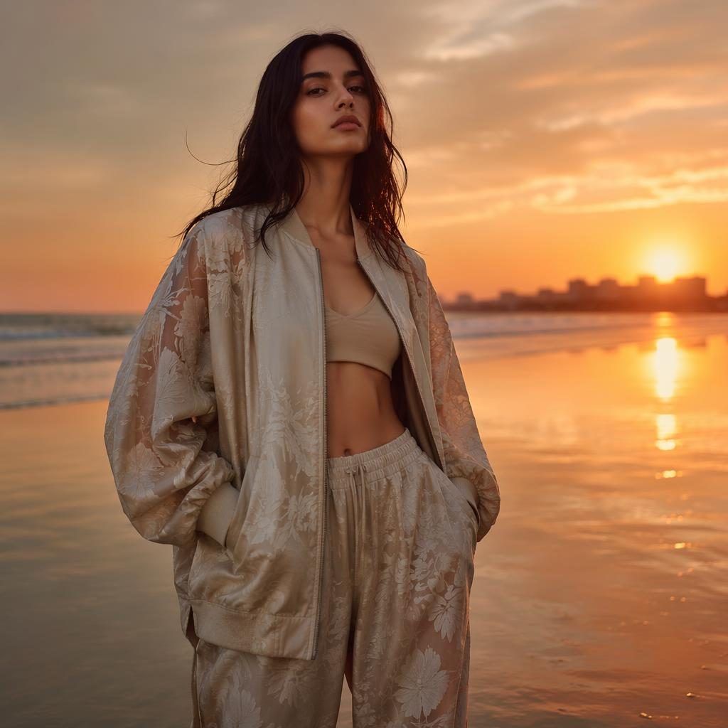 Editorial fashion model in urban streetwear on a beach at sunset, posing confidently in warm magazine-style lighting.
