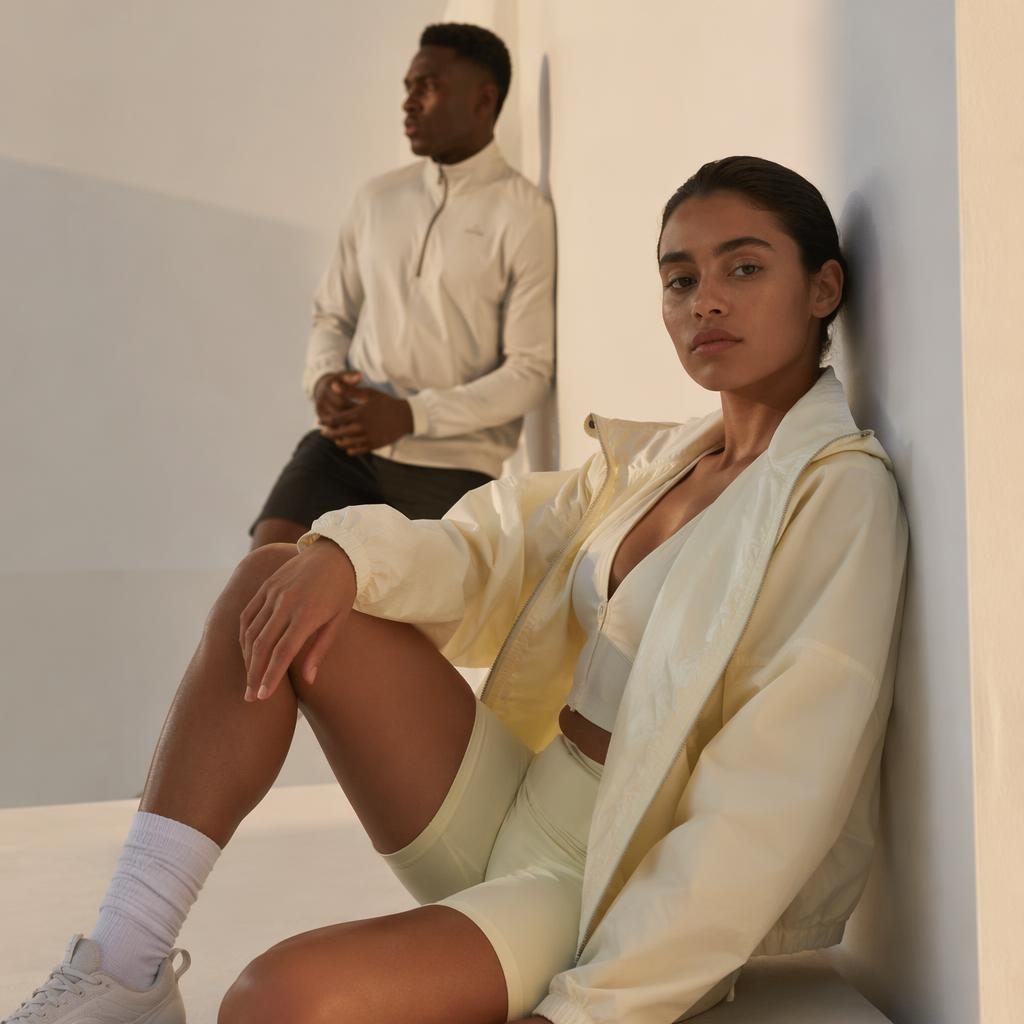 Editorial fashion model in athletic sportswear posing in a minimalist white studio with warm sunset lighting