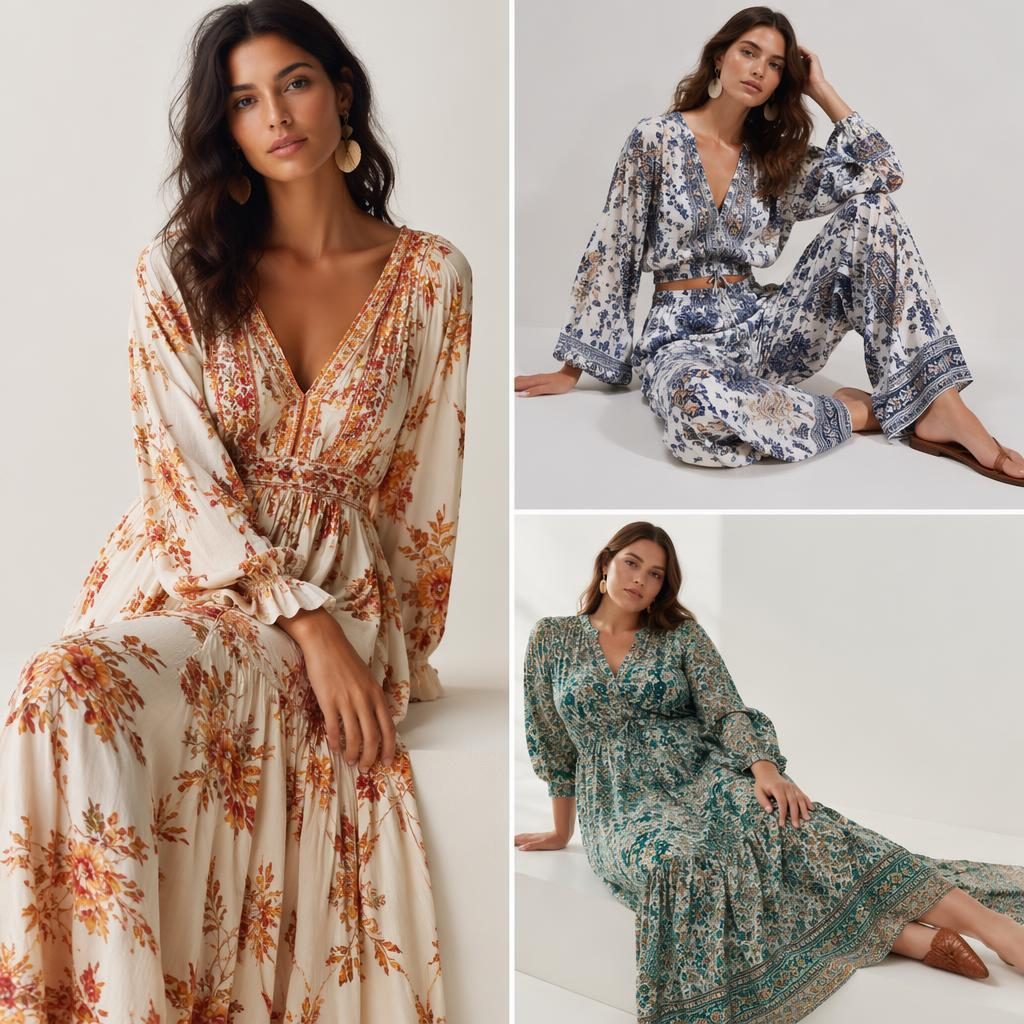 Editorial fashion model in a flowy bohemian outfit posed in minimalist white space with soft dreamy lighting.