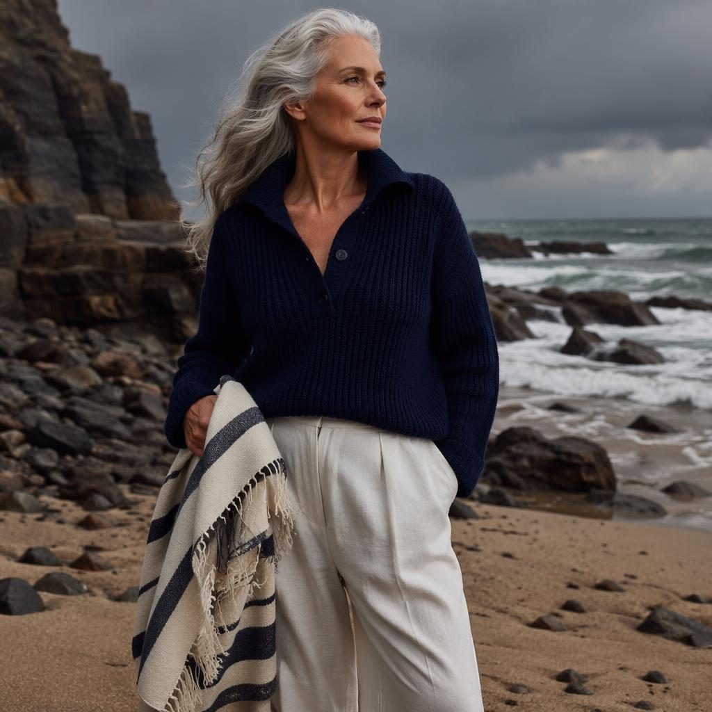 Model in a coastal grandmother-inspired outfit posing naturally on a dark, moody beach with bold high-contrast lighting.