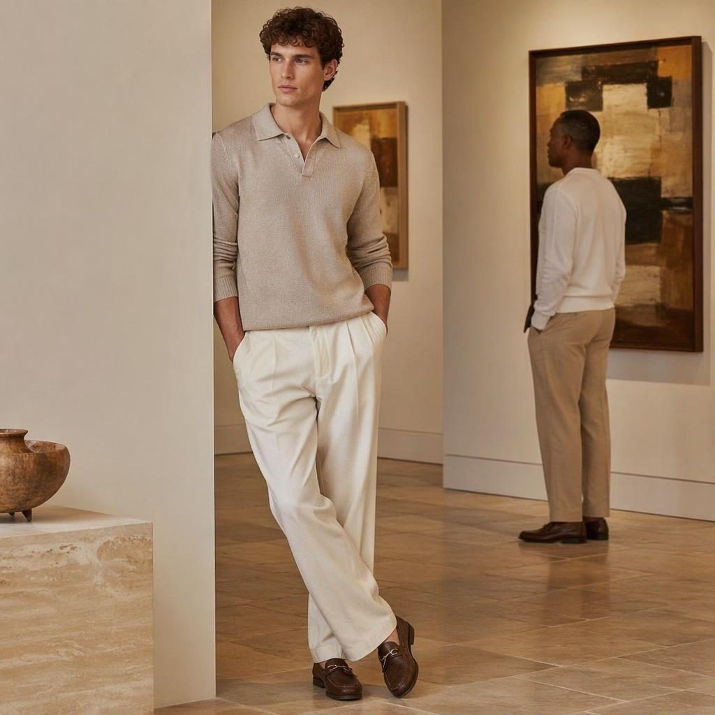 Editorial fashion photo of a man in a spring lookbook outfit posing naturally in an art gallery with warm earth tones