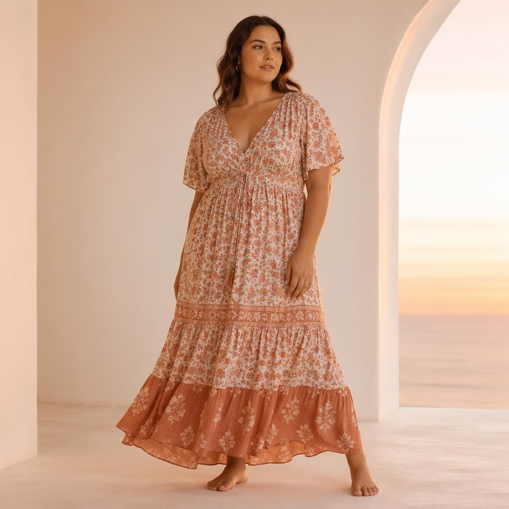 Model in bohemian flowy outfit styled for Papa John's clothing catalog in a minimalist white studio with warm sunset light.