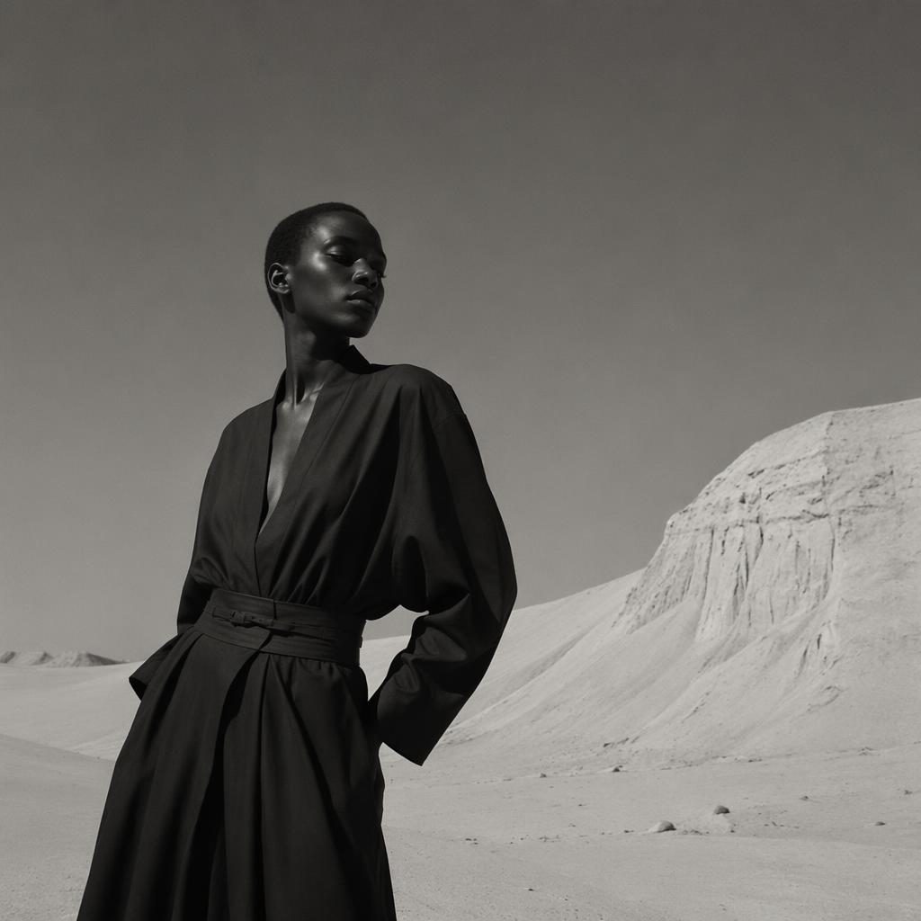 Editorial fashion model in a desert setting with a warm earth palette, natural pose, and high-fashion runway styling.