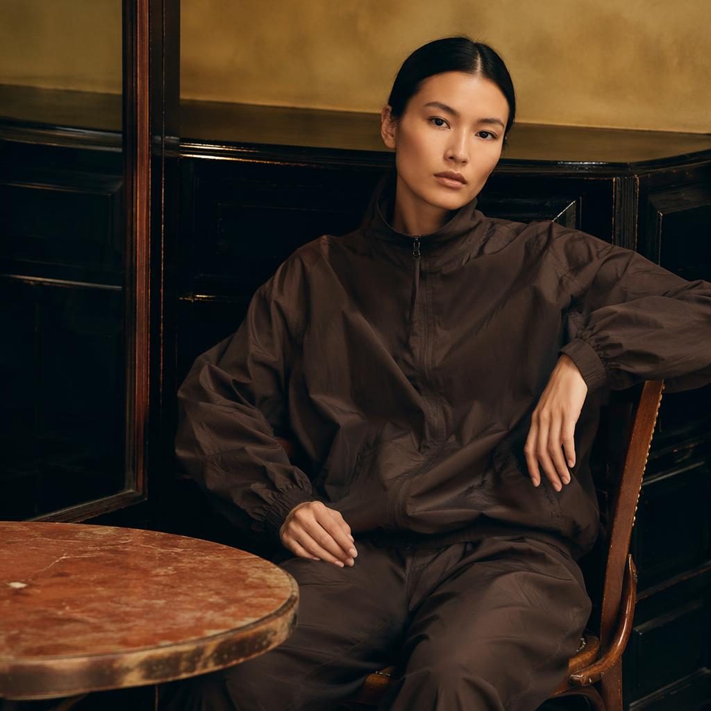 Editorial fashion model in a lemaire lookbook outfit at a vintage cafe with bold lighting and an athletic sportswear feel.