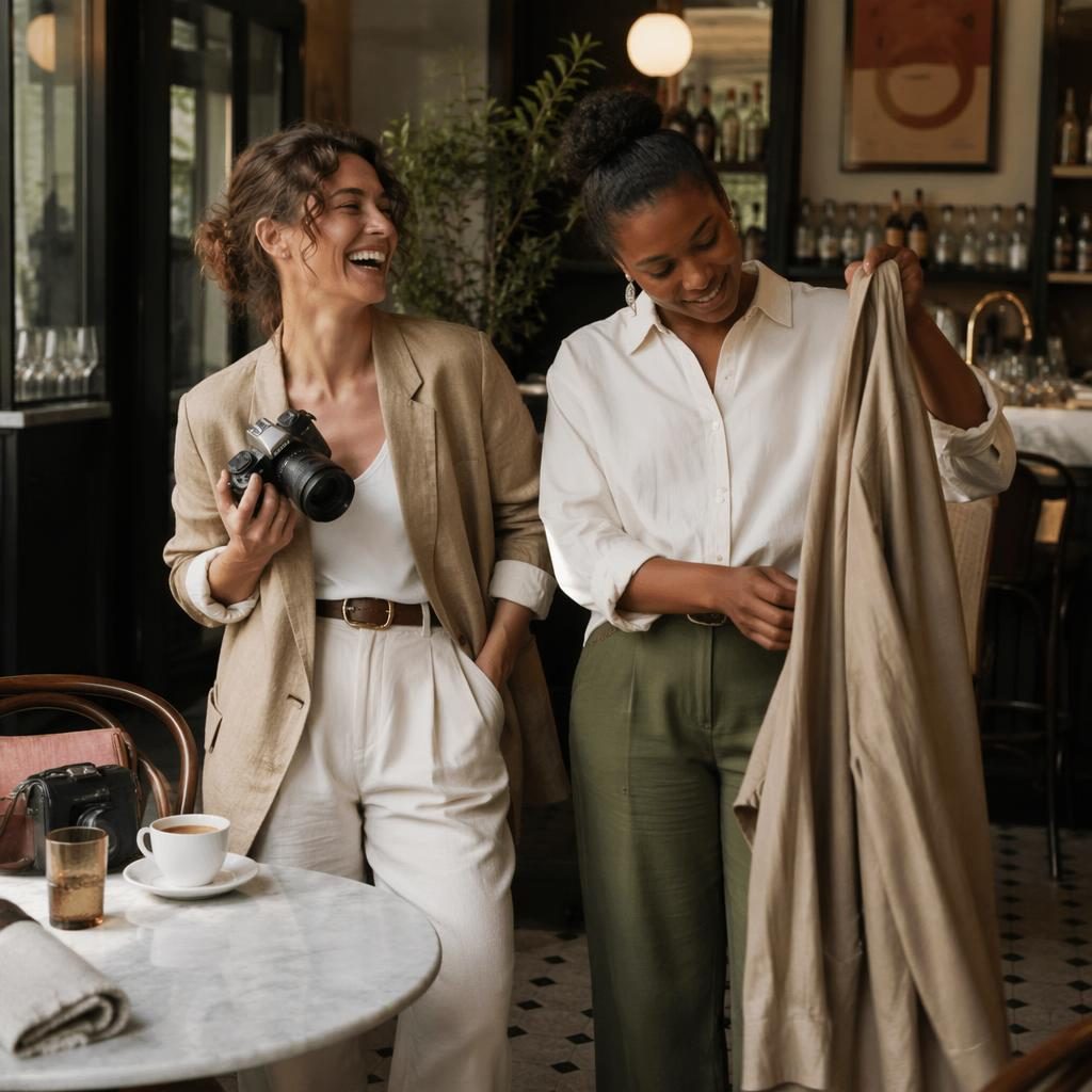 Editorial fashion model in a warm earth-tone outfit at a vintage cafe, playful candid pose, coastal grandmother styling
