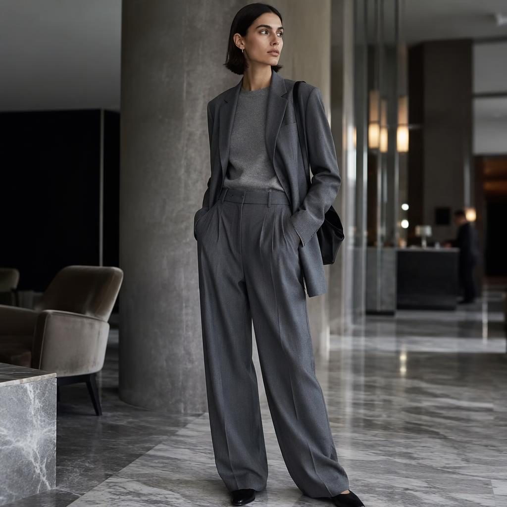 Editorial fashion model in a cool gray luxury hotel lobby, wearing a minimalist runway-inspired filippa k lookbook outfit.