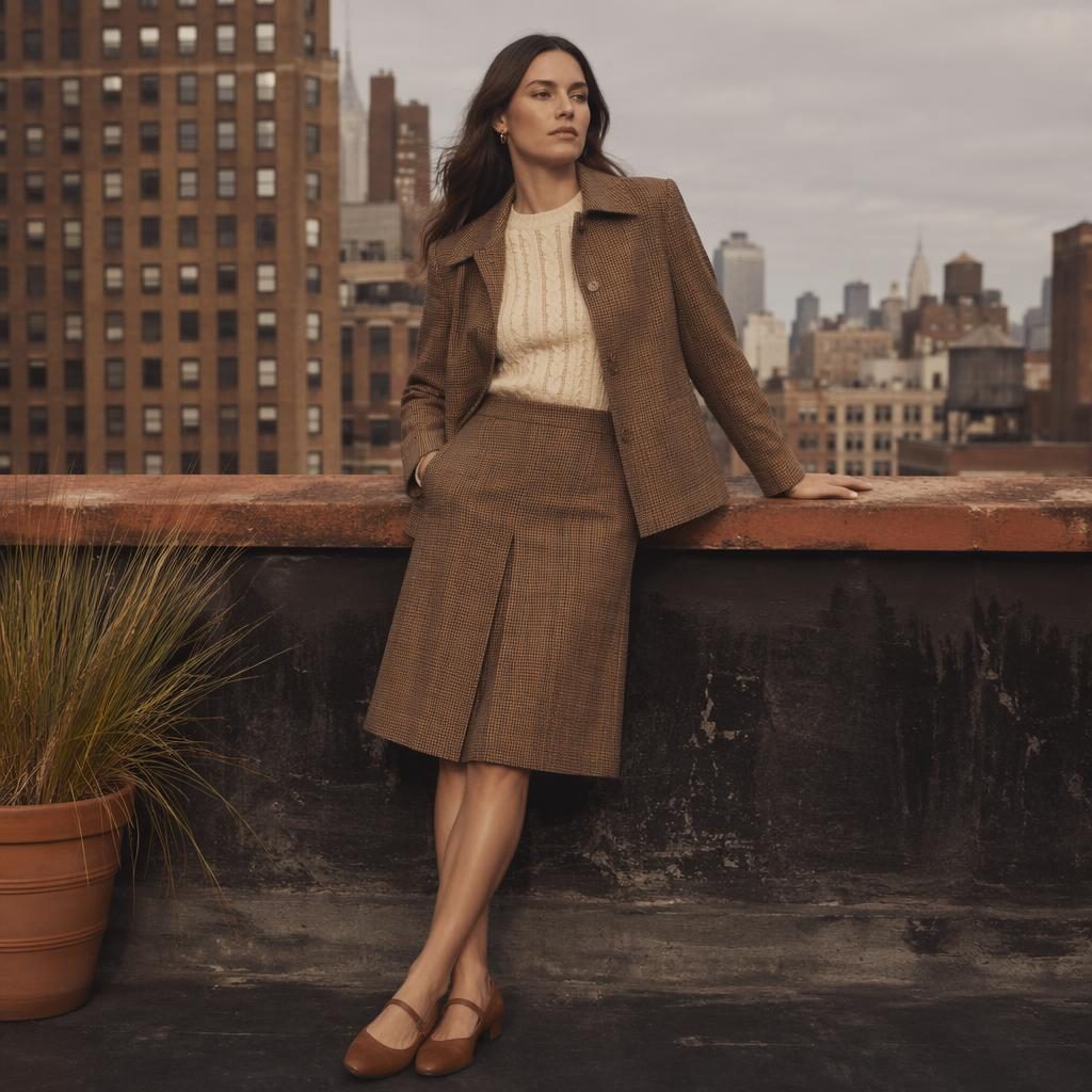 Editorial fashion model on a city rooftop in late 1960s Sears-inspired clothing, warm earth tones, dark moody lighting
