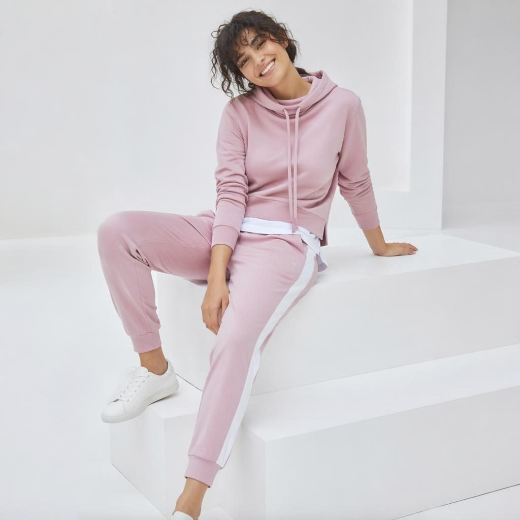 Modèle en tenue sportswear pastel dans un espace blanc minimaliste, pose naturelle et ambiance lookbook éditoriale