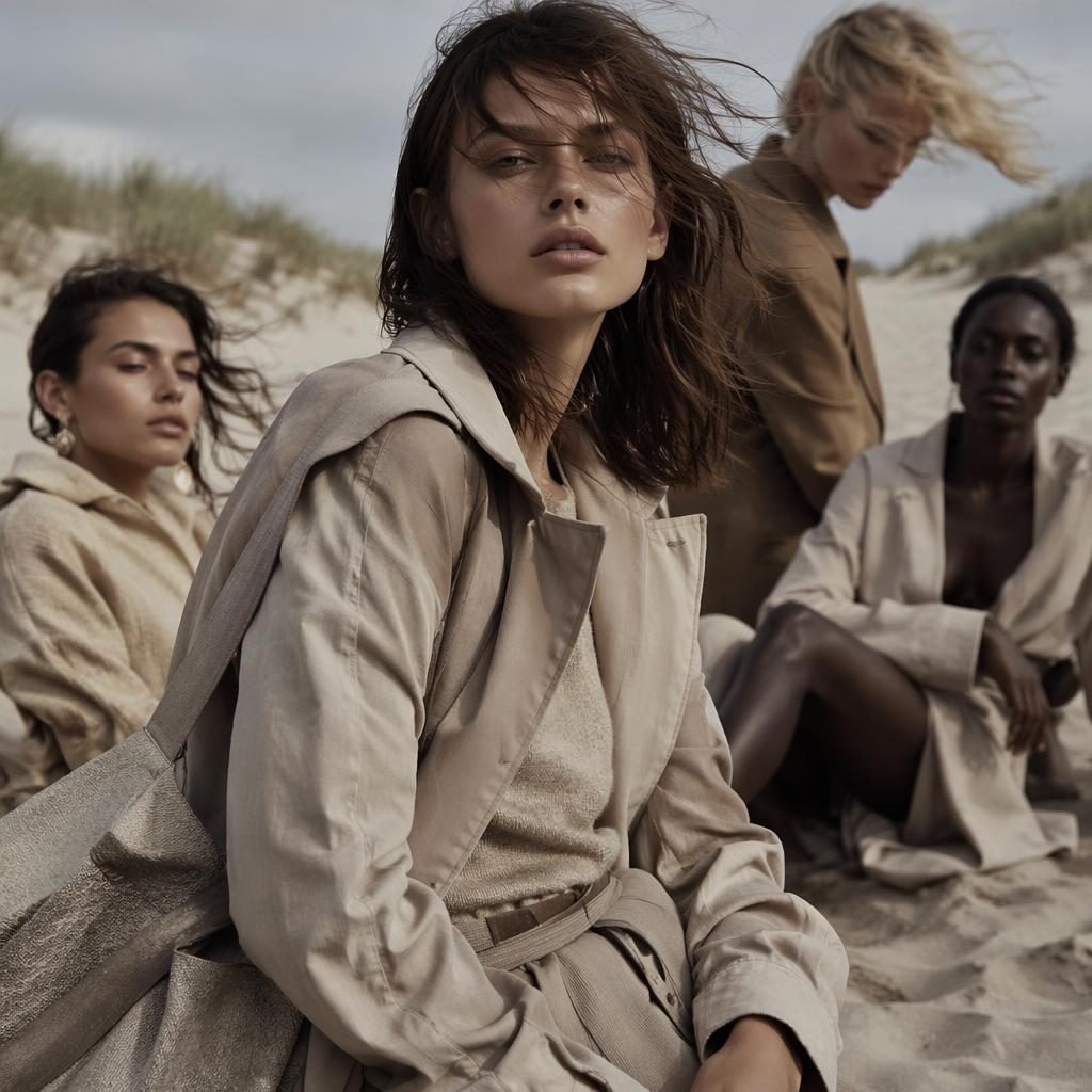 Editorial fashion model in muted neutral runway-inspired outfit on a beach, playful candid pose with magazine lighting.