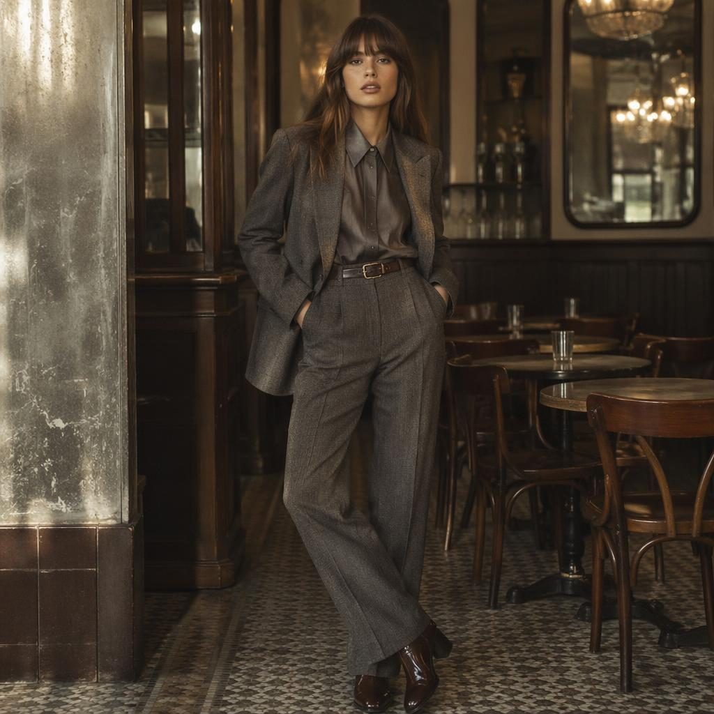 Editorial-Modefoto mit Model in natürlicher Pose in einem Vintage-Café, 70er-Ästhetik und kühler Graupalette.