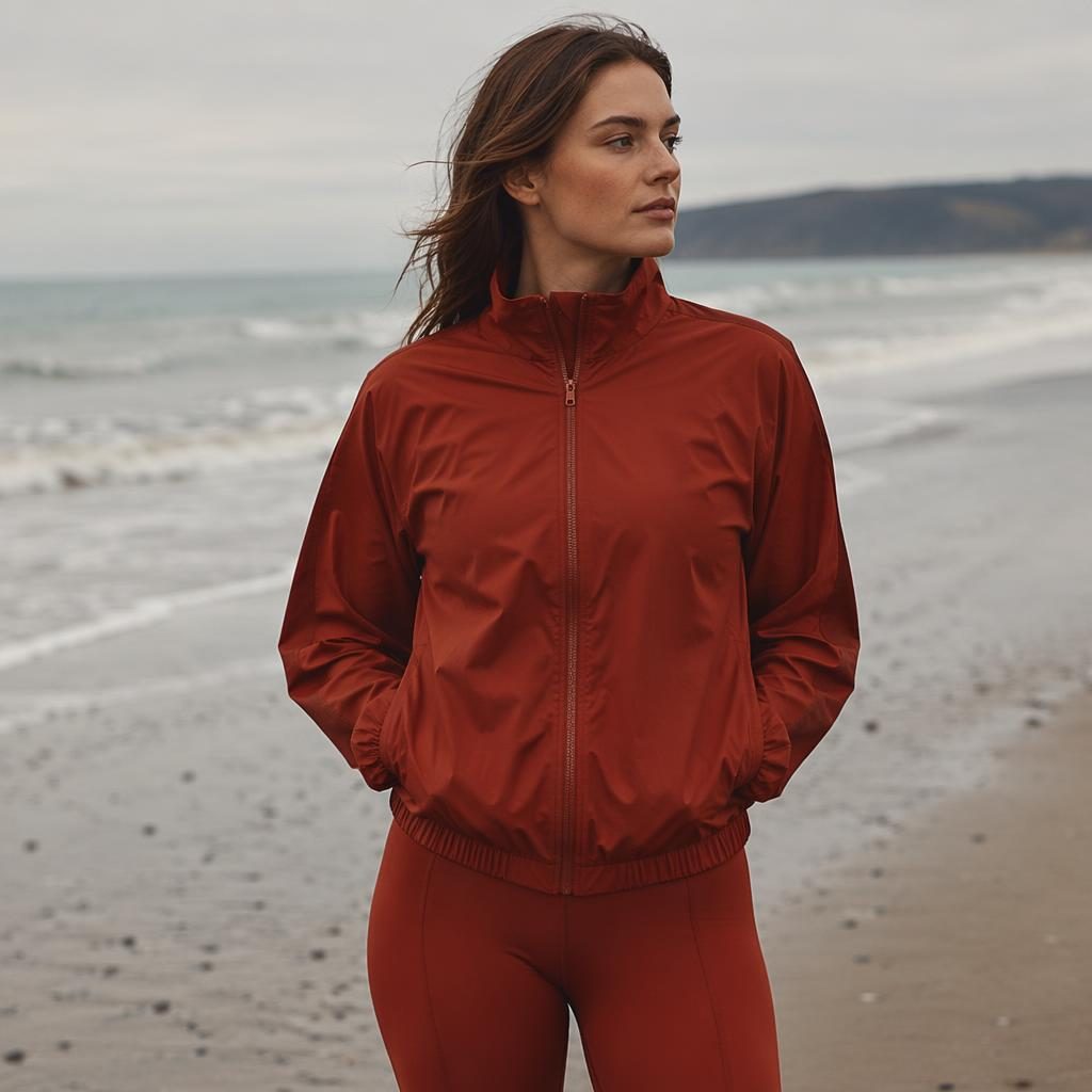 Editorial fashion model in athletic sportswear on a beach, cool confident pose, autumn rust tones, magazine-style lighting.