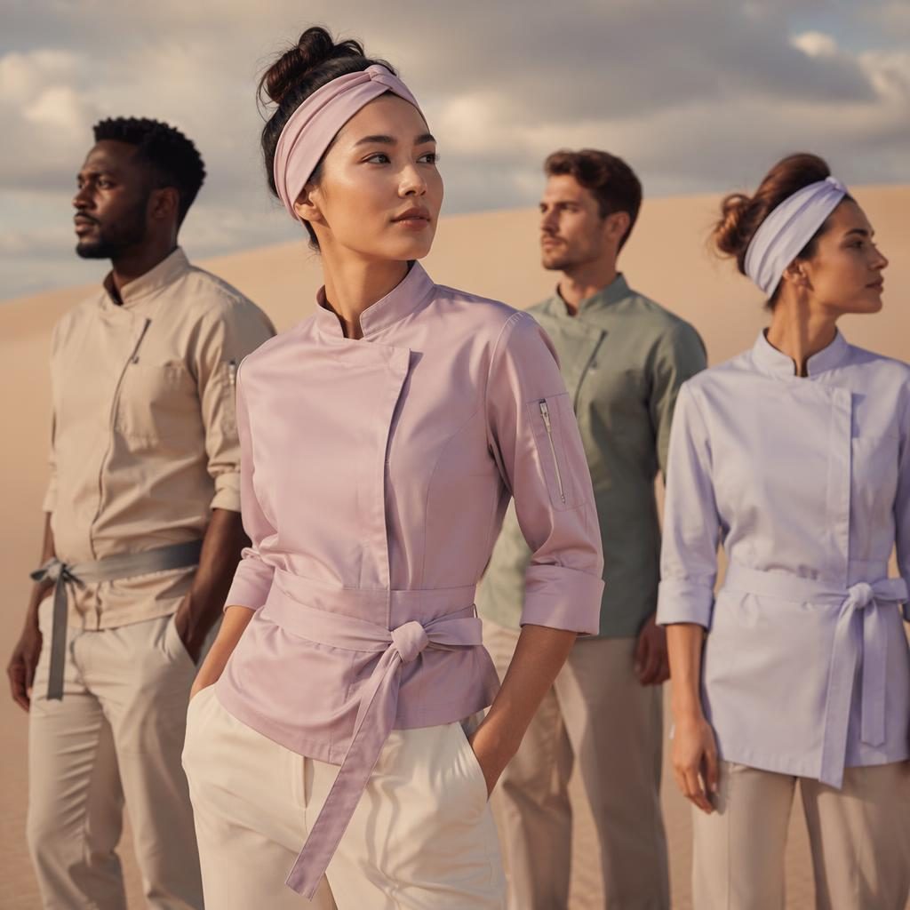 Model in a cheerful chef uniform styled like athletic sportswear, posed in a dark moody desert with soft pastel tones.