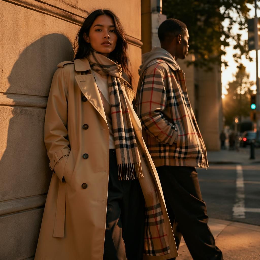 Editorial fashion model in a Burberry-inspired streetwear look on an urban street at sunset, posed confidently in warm light.