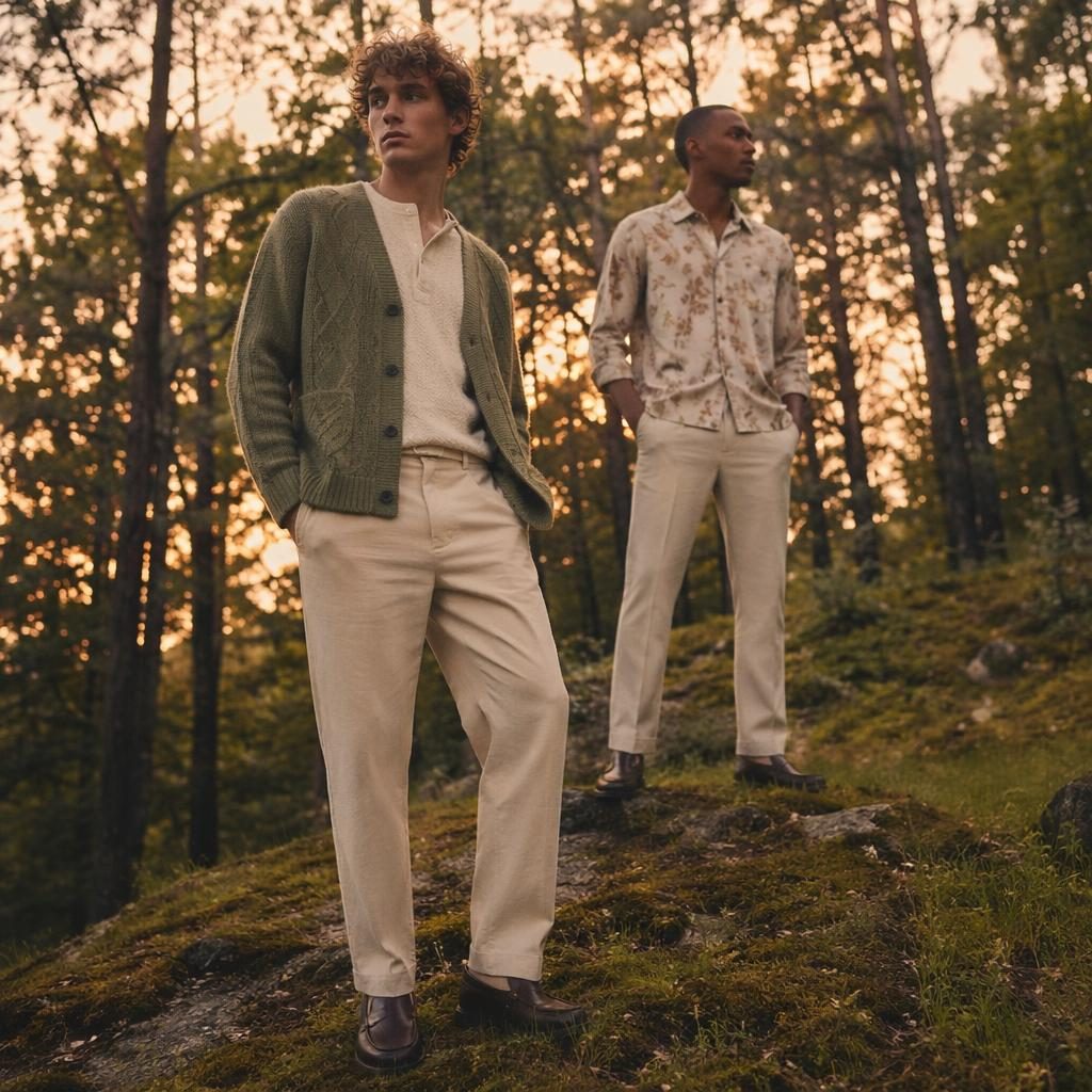 Editorial fashion photo of a male model in a men's spring lookbook outfit standing in a forest at sunset with warm tones.