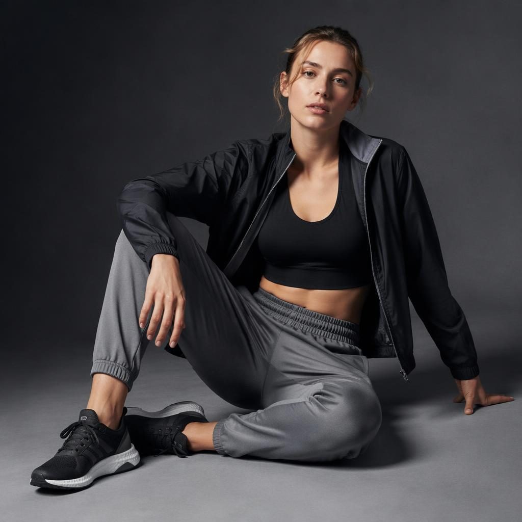 Model in athletic sportswear posed in a neutral studio with dark moody lighting and a cool gray palette.