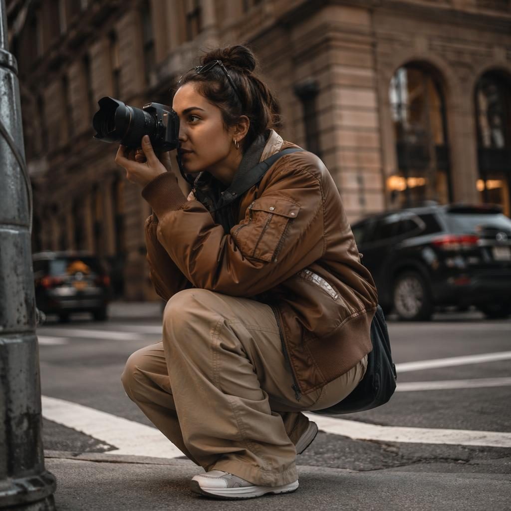 Model in urbanem Streetwear-Look auf einer Stadtstraße, warme Erdtöne, luxuriöse Editorial-Inszenierung