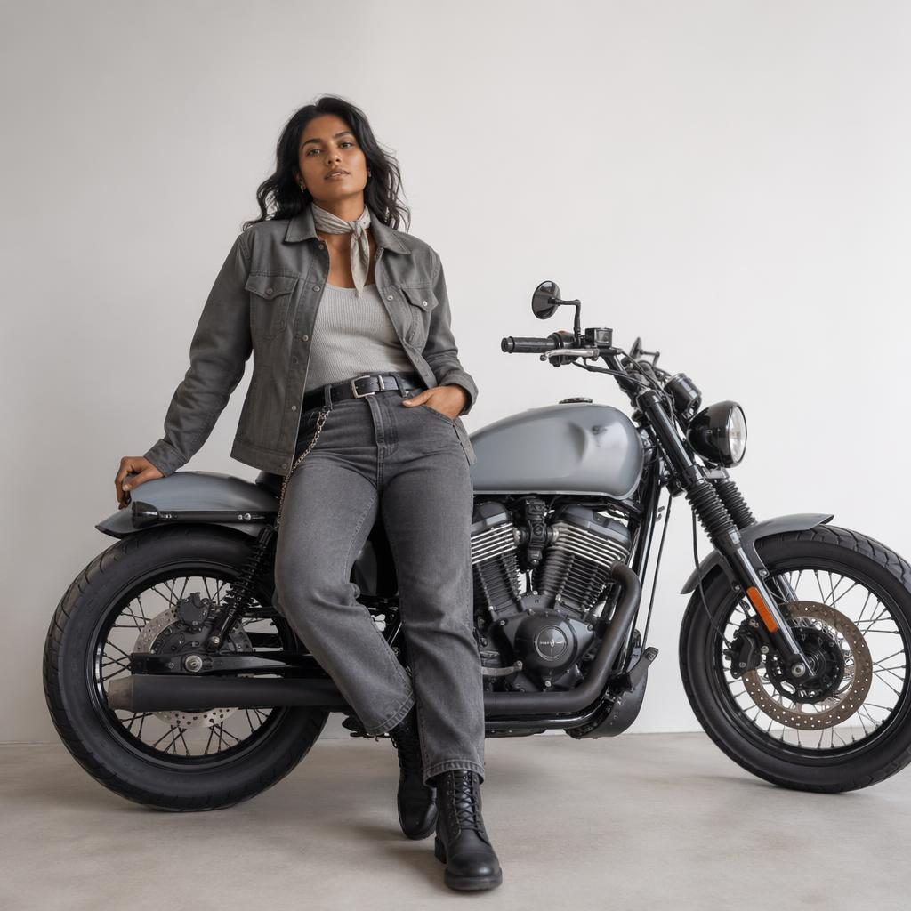Model in indian motorcycle apparel catalog styling, posed candidly in a minimalist white studio with cool gray tones.