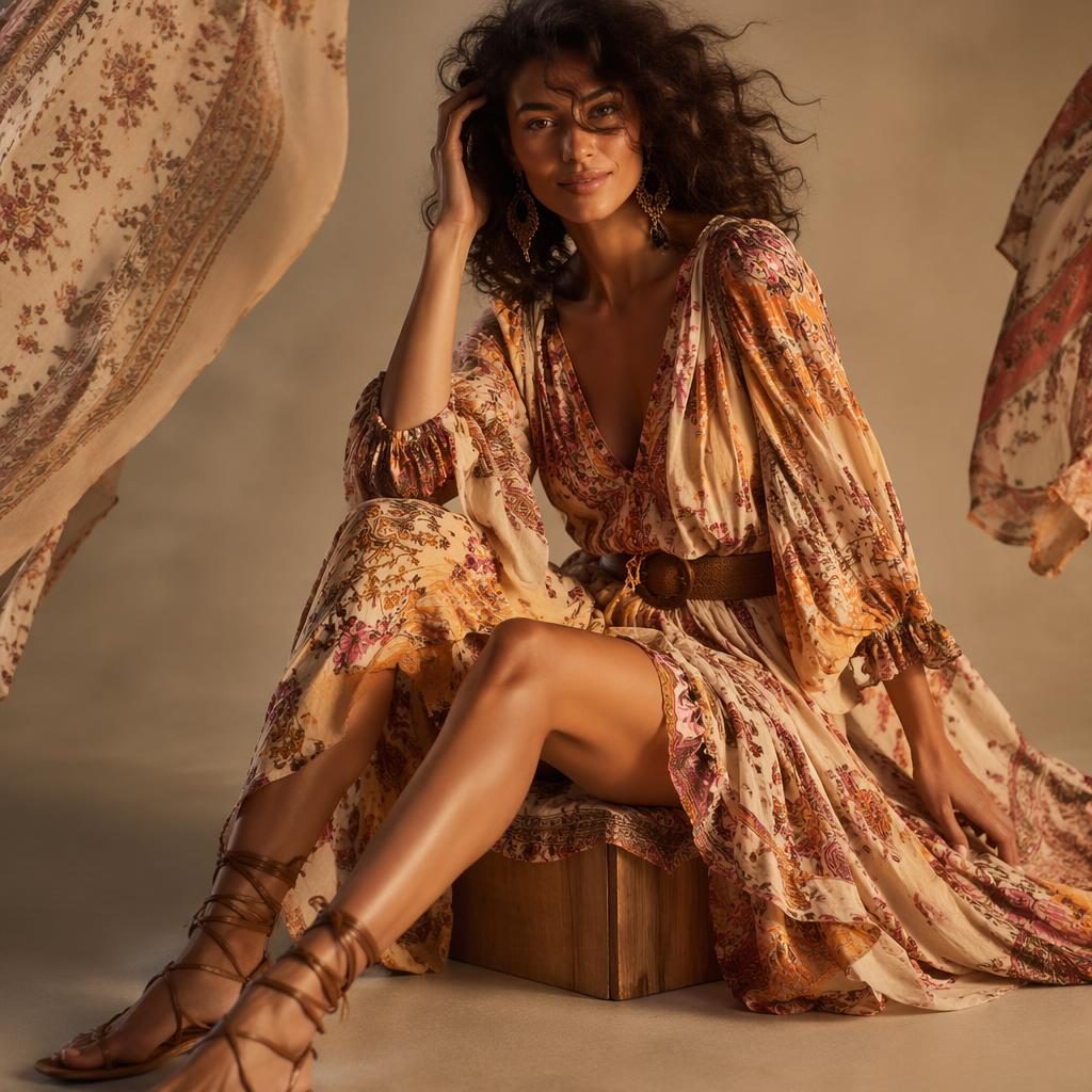 Model in fließendem Boho-Outfit im neutralen Studio, warmes Sunset-Licht, natürliche Pose, editorialer Lookbook-Stil