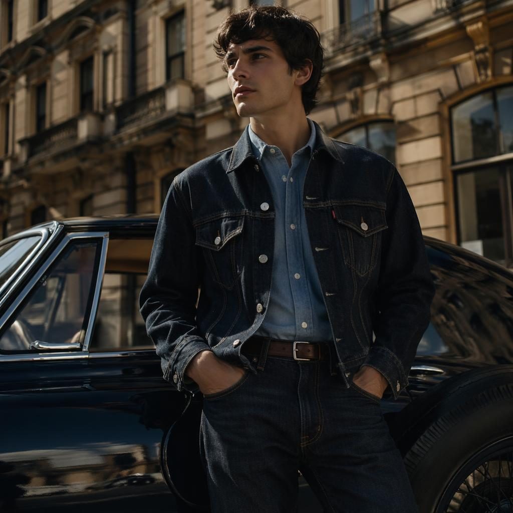 Editorial fashion model in a preppy vintage denim look on an urban street with bold high-contrast lighting