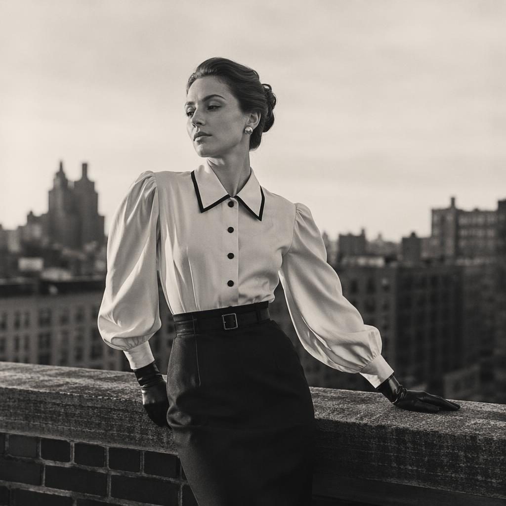 Modèle en look éditorial noir et blanc vintage sur un rooftop urbain, lumière chaude du coucher de soleil, pose naturelle.