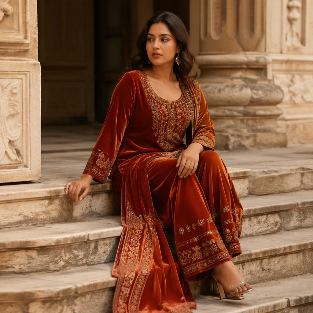 Model in a varsha velvet suit posed in an architectural building with a quiet y2k mood and autumn rust tones.