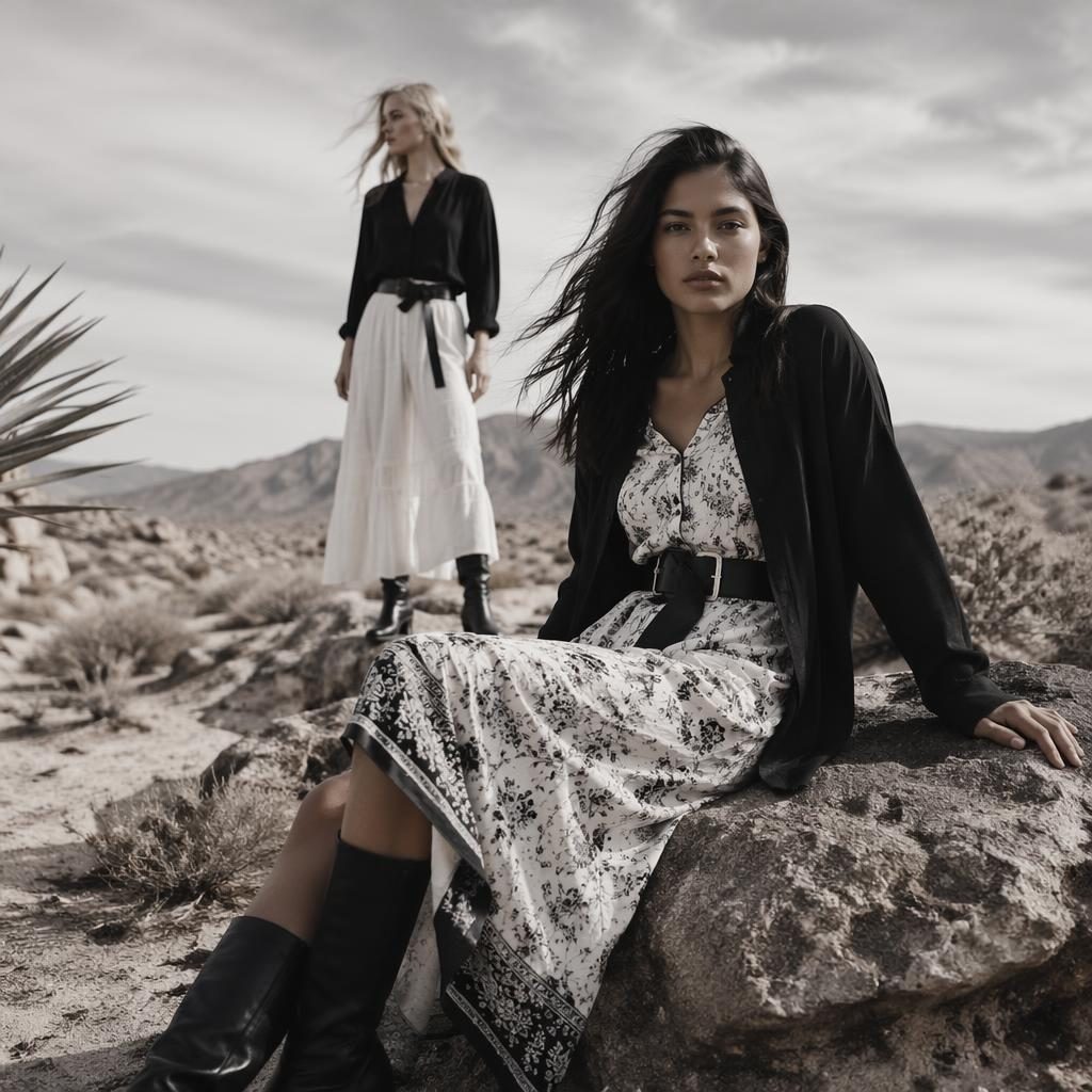 Black and white editorial fashion photo of a model in a dark academia outfit posed in a moody desert setting