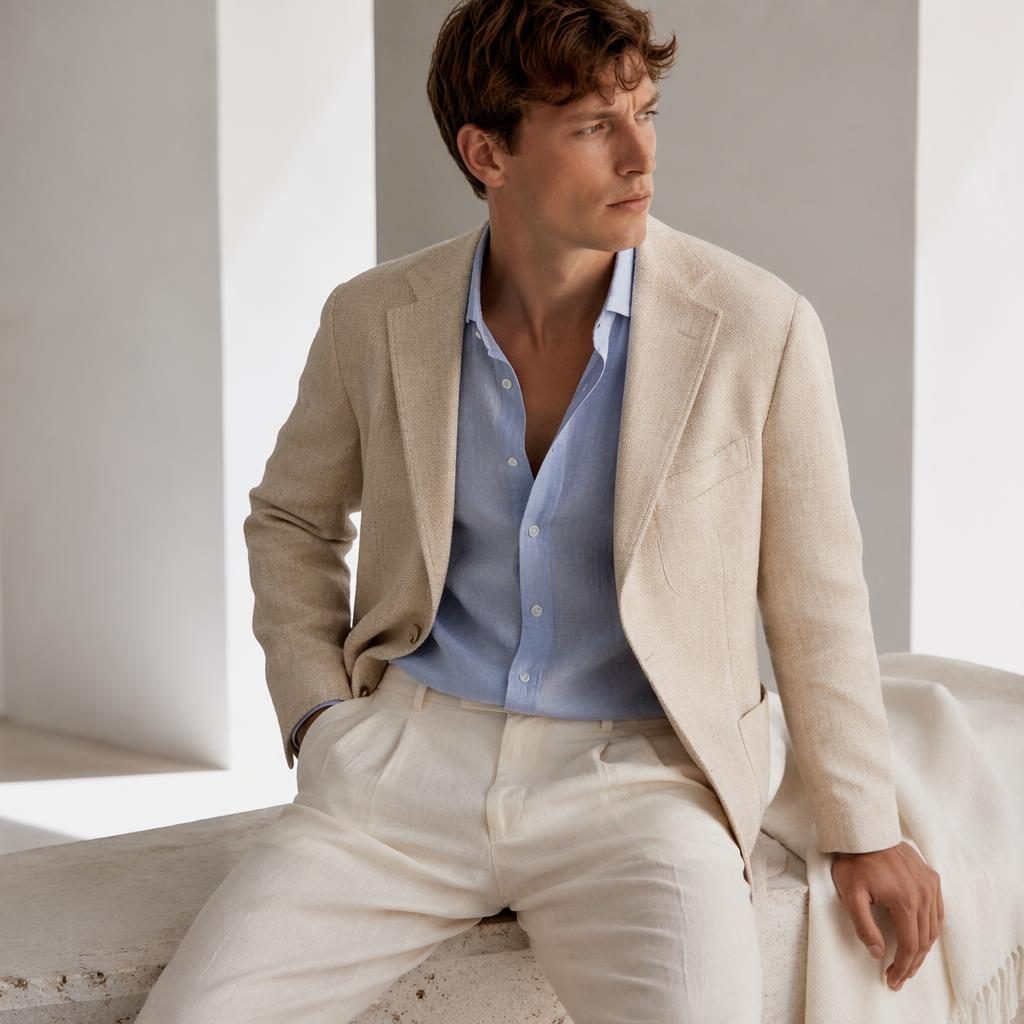 Editorial fashion model in a GQ lookbook outfit posed in minimalist white space with a dreamy soft pastel palette.