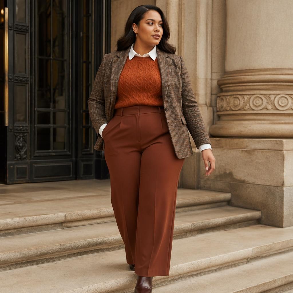 Full figure model in an old money preppy outfit poses at an architectural building in bold autumn rust tones.