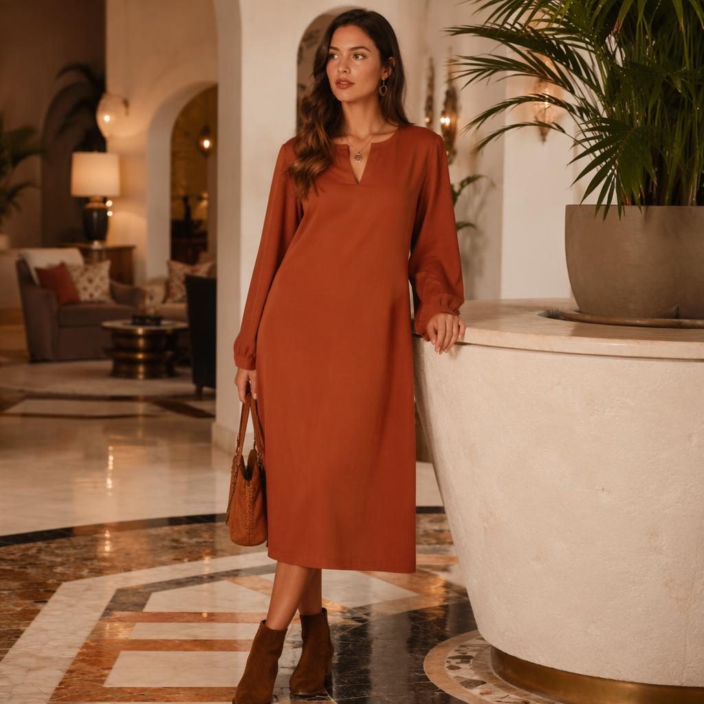 Modèle en robe droite fluide bohème dans le lobby d’un hôtel de luxe, lumière douce, palette rouille automnale