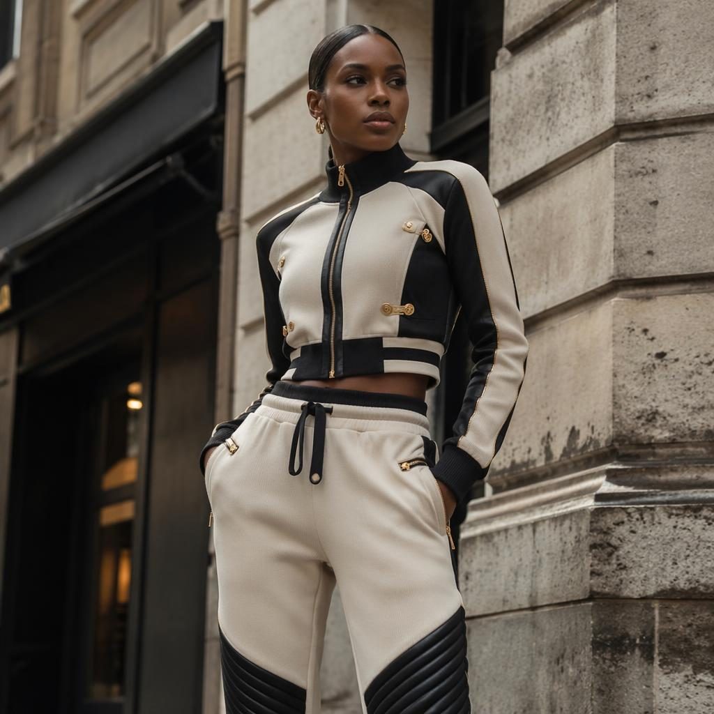 Editorial fashion model in muted neutral sportswear on an urban street with a luxurious aspirational mood