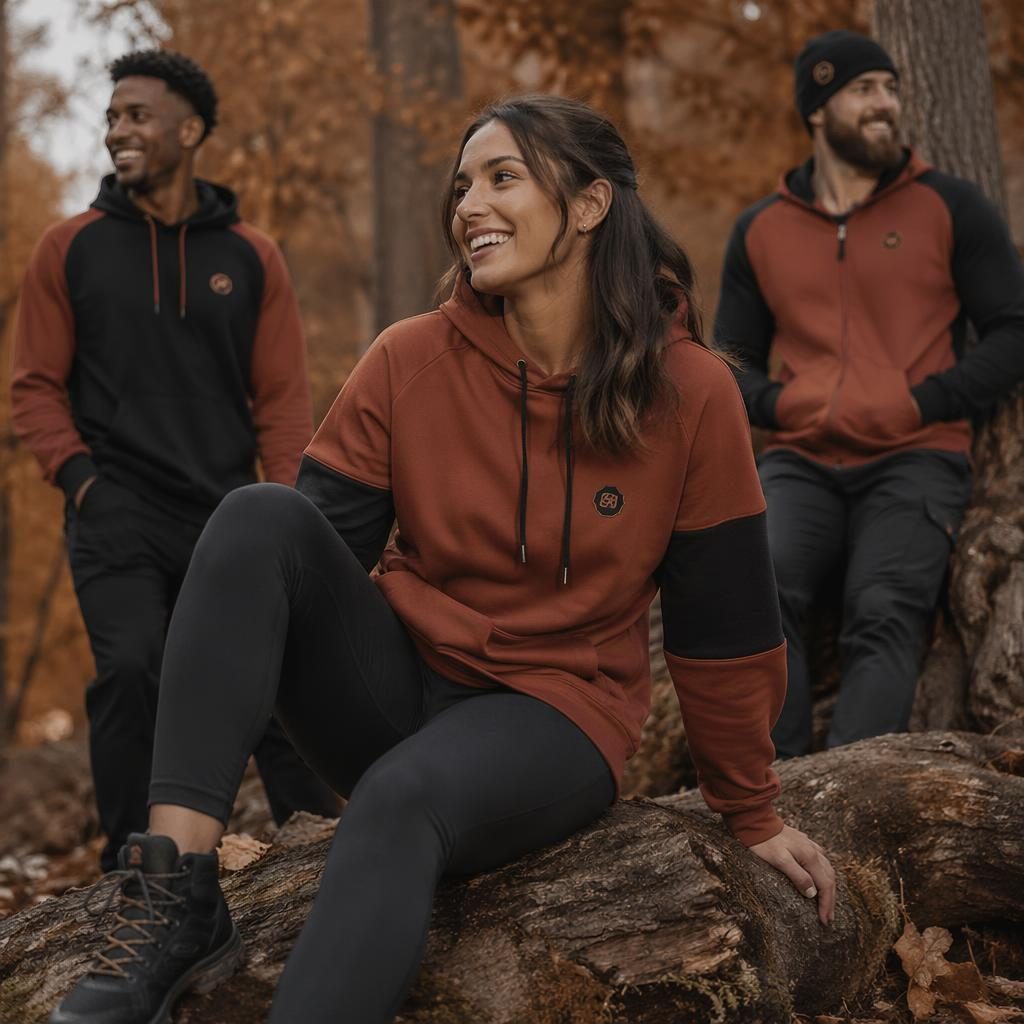 Editorial fashion model in athletic sportswear standing in an autumn forest with a playful candid pose and rust-toned styling.
