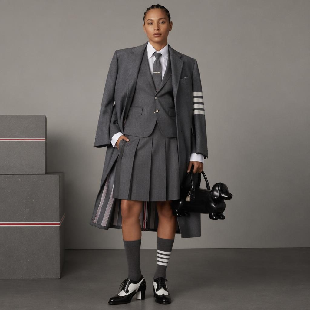 Editorial fashion model in a tailored Thom Browne-inspired look in a neutral studio with bold lighting and Y2K styling