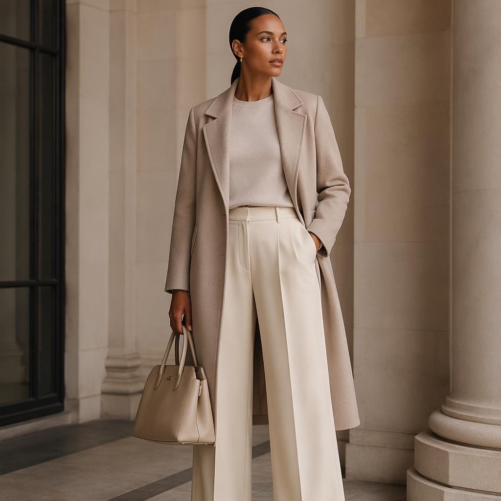 Model in a minimalist neutral outfit posing in an architectural building with soft dreamy light and muted tones