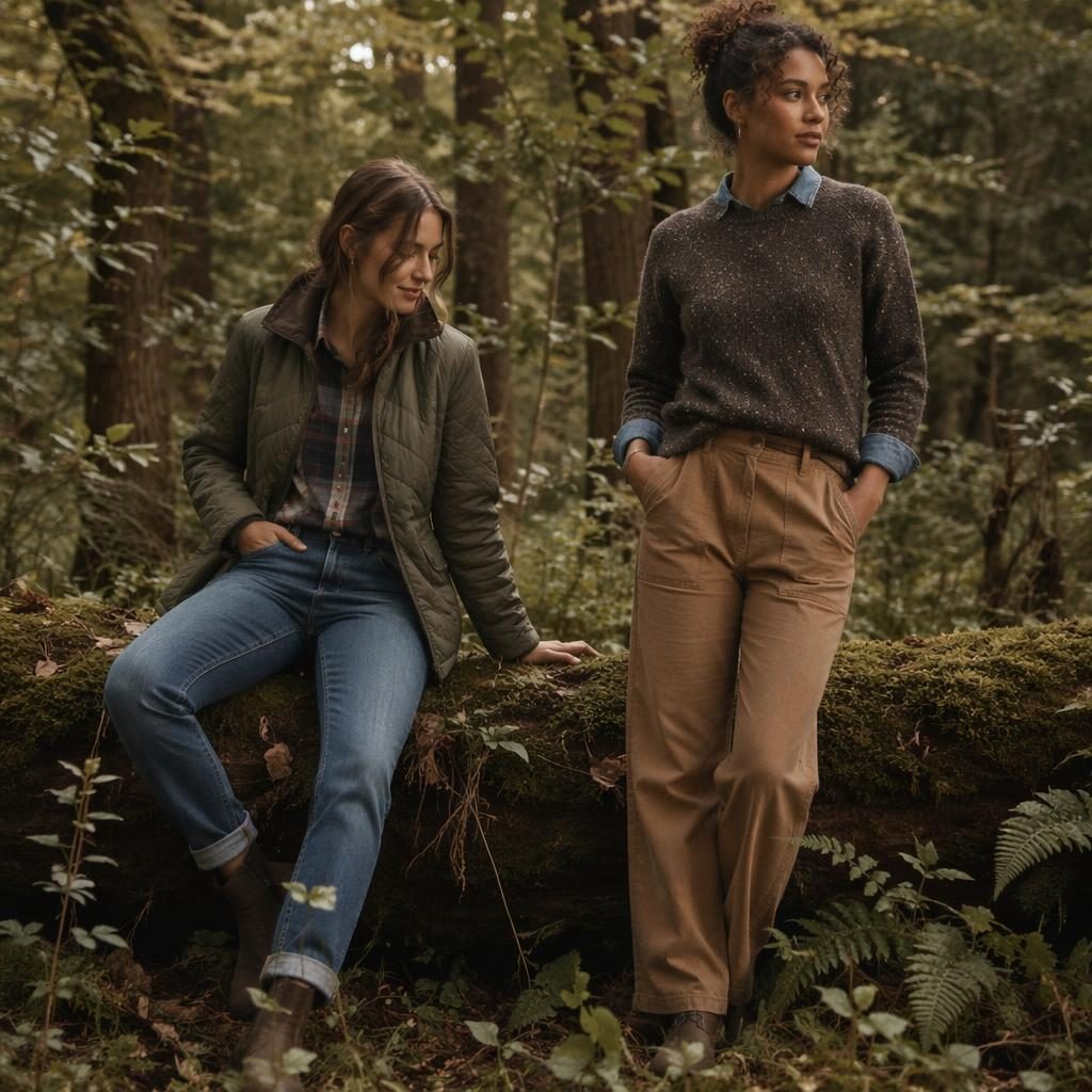 Model in rustic country-inspired outfit standing in a dreamy forest with warm earth tones and minimalist editorial styling